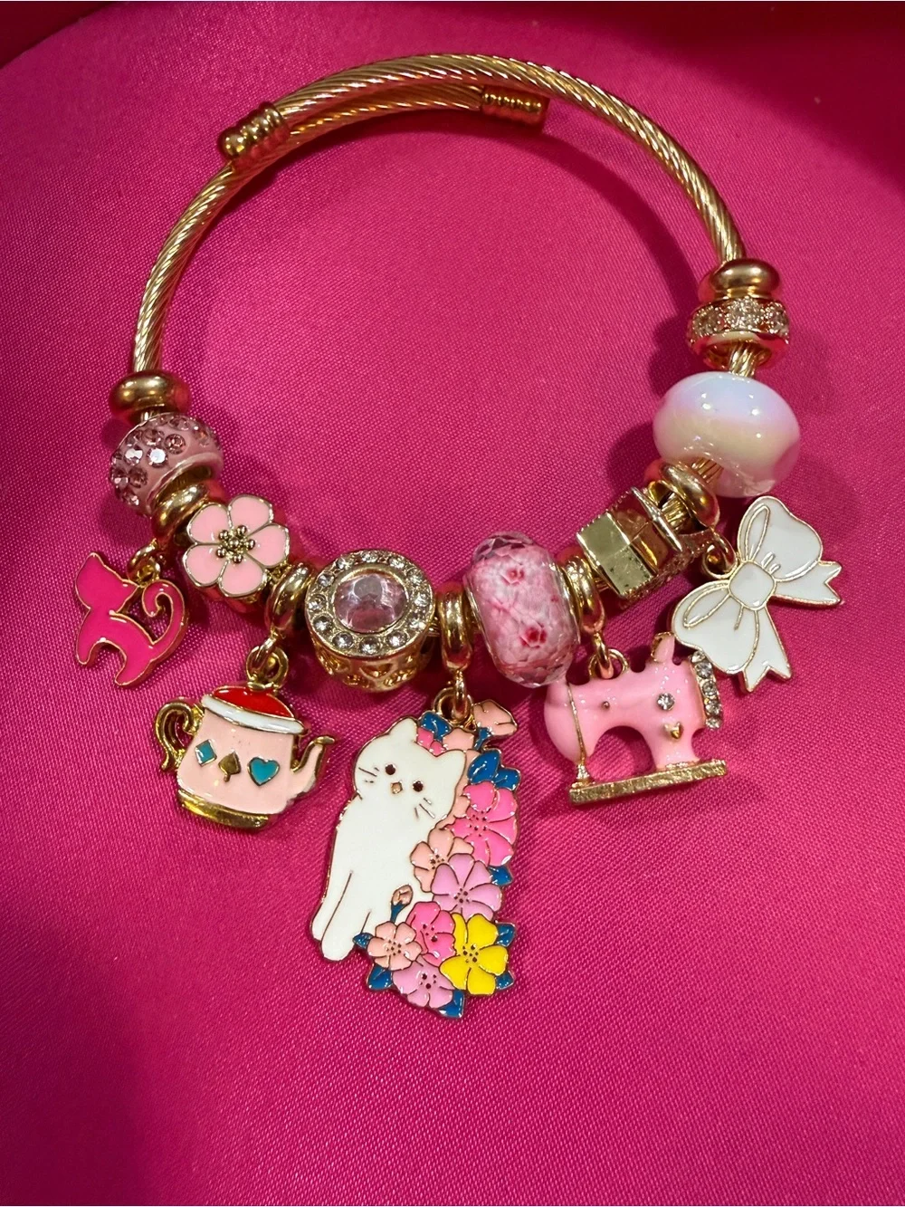Pink and Gold Floral Cat Charm Bracelet for Kids
